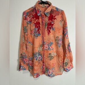 Magazine Floral Embroidered Western Blouse Button Shirt Roll Tab Womens M